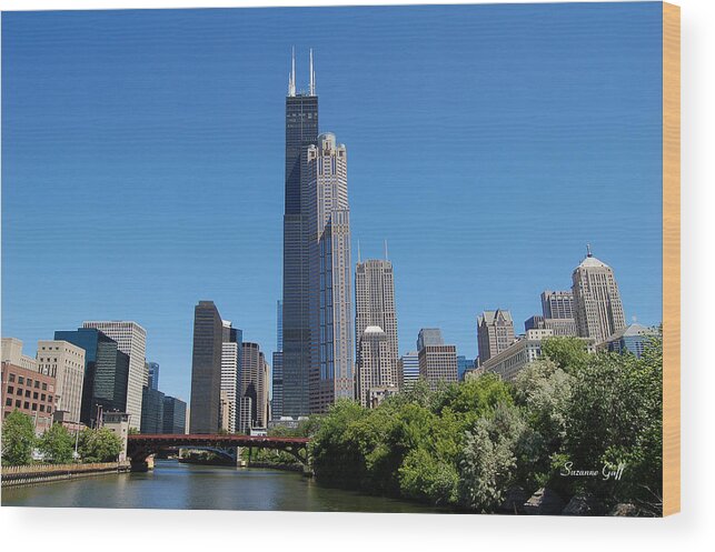 Downtown Wood Print featuring the photograph Downtown Chicago Skyline - View Along the River by Suzanne Gaff