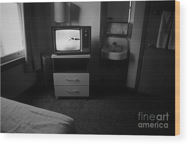 Nightmarish Wood Print featuring the photograph Downtown Hotel room at mid day with tv by Jim Corwin