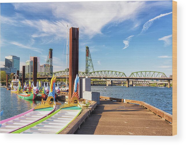 Dragon Wood Print featuring the photograph Dragon Boats and Hawthorne Bridge by Jess Kraft
