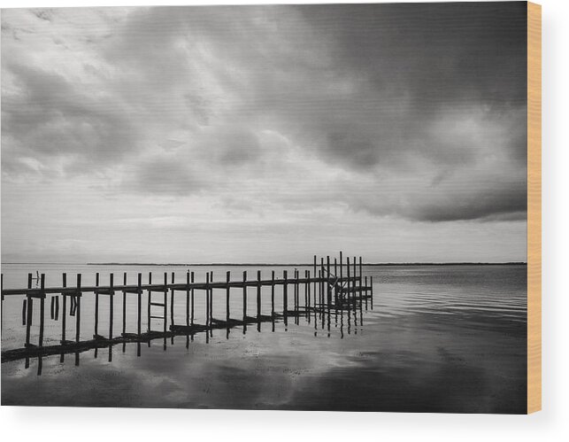 Duck Nc Wood Print featuring the photograph Duck Pier in Black and White by Don Johnson