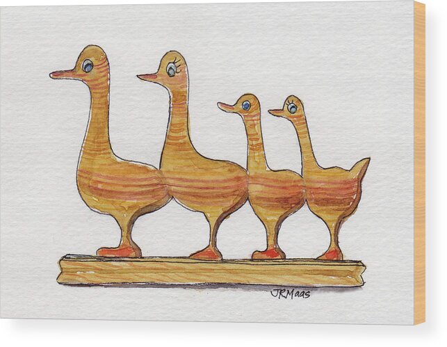 Carved Wooden Ducks Wood Print featuring the painting Ducks In A Row by Julie Maas