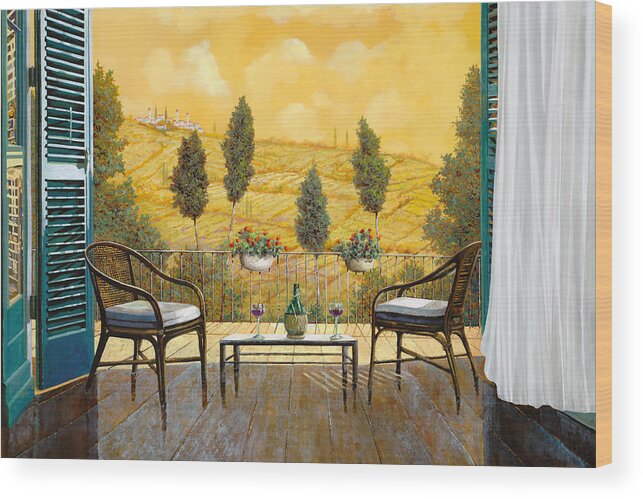 Terrace Wood Print featuring the painting due bicchieri di Chianti by Guido Borelli