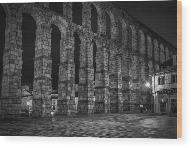 Joan Carroll Wood Print featuring the photograph Early Morning at the Aqueduct of Segovia BW by Joan Carroll