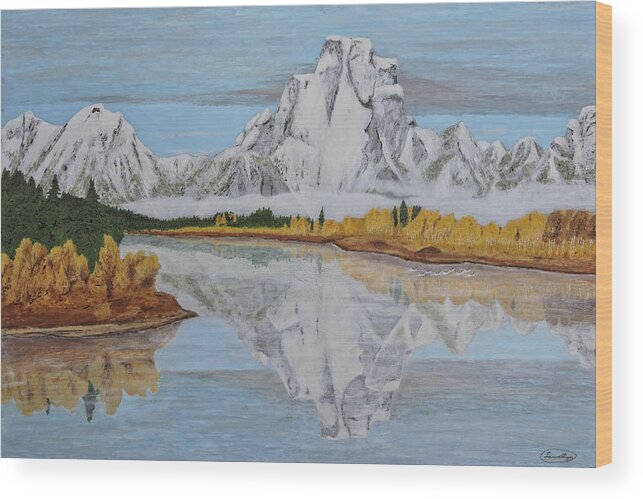 Teton Snowfall Wood Print featuring the painting Early Snowfall at Oxbow by L J Oakes