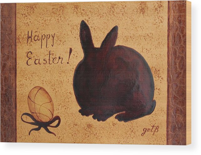 Easter Golden Egg And Bunny Wood Print featuring the painting Easter Golden Egg and Chocolate Bunny by Georgeta Blanaru