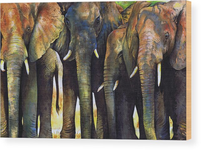 Elephant Wood Print featuring the painting Elephant Herd by Paul Dene Marlor