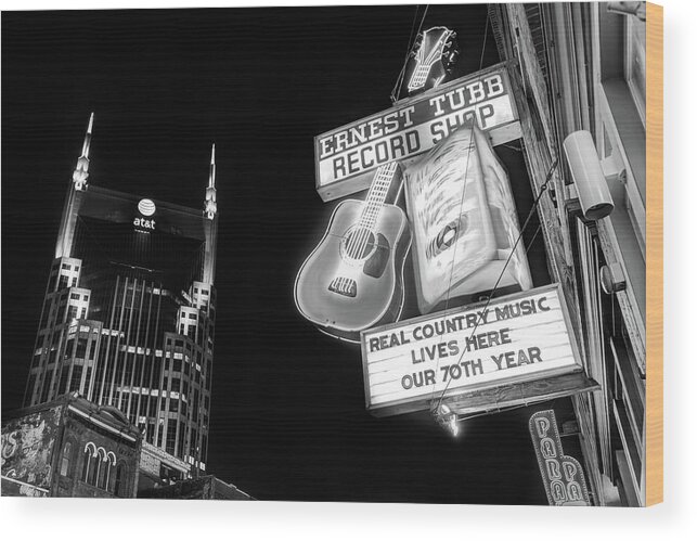 America Wood Print featuring the photograph Ernest Tubb Record Shop - Downtown Nashville - Black and White by Gregory Ballos