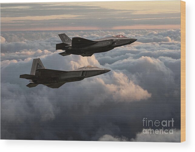 F35 And F22 Wood Print featuring the digital art F22 with F35 by Airpower Art