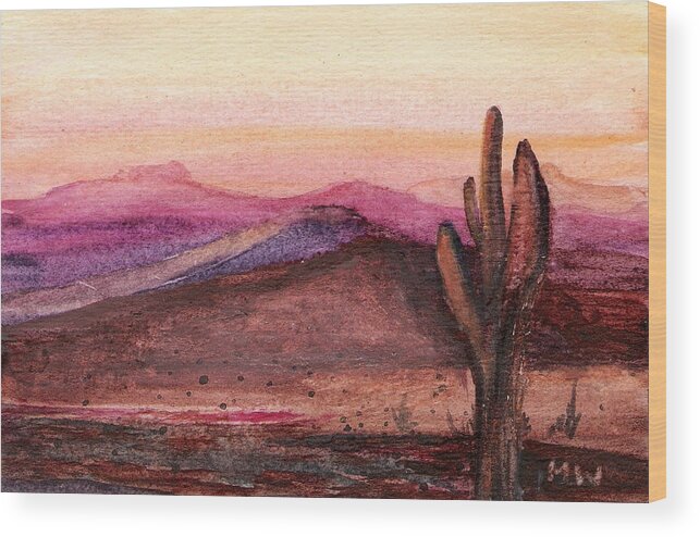 Desert Cactus Orange Pink Dusk Sunset Wood Print featuring the painting Faithful Old Sentinel by Marsha Woods