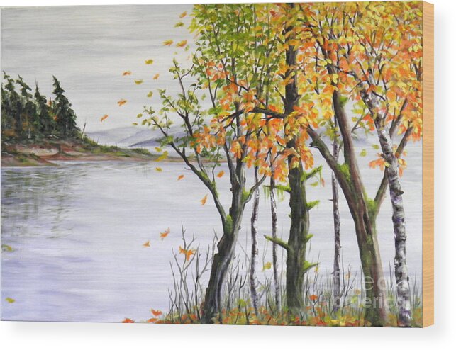 Trees Water Inlet Reflection Wind Leaves Colours Landscape Seascape Sky Clouds Brush Mountains Light Dark Shadow Shade Windy Green Blue White Yellow Orange Brown Red Perspective View Wood Print featuring the painting Fall blows in by Ida Eriksen