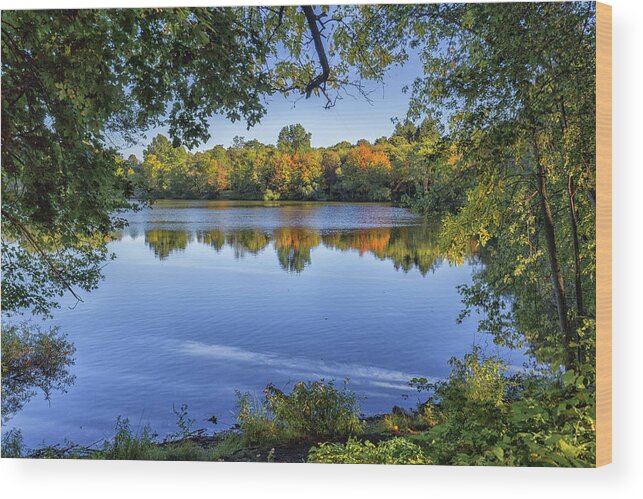 Fall Foliage At Turners Pond In Milton Massachusetts Wood Print featuring the photograph Fall Foliage At Turners Pond In Milton Massachusetts by Brian MacLean
