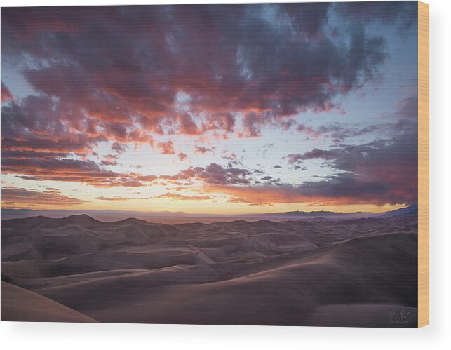 Sunset Wood Print featuring the photograph Fiery Sunset Over the Dunes by Aaron Spong