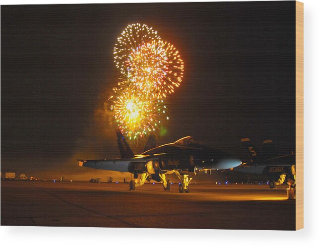 Antennae Wood Print featuring the painting Fireworks over FA-18 Hornet US Navy by Celestial Images
