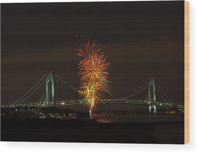 Exploding Fireworks Over Bridge Wood Print featuring the photograph Fireworks Over the Verrazano Narrows Bridge by Kenneth Cole