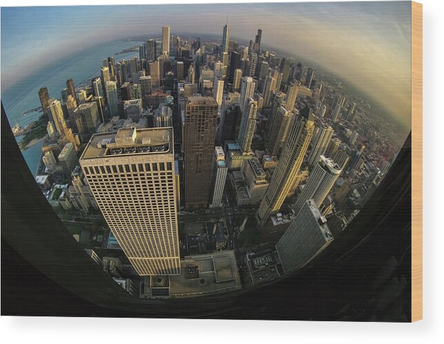 Fisheye Wood Print featuring the photograph Fisheye view of Dowtown Chicago from above by Sven Brogren