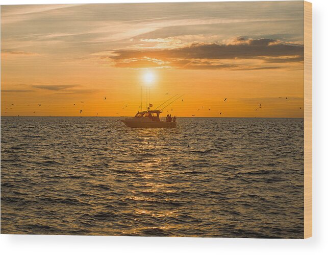 Fishing Wood Print featuring the photograph Fishing as the Sun Goes Down by Mark Rogers