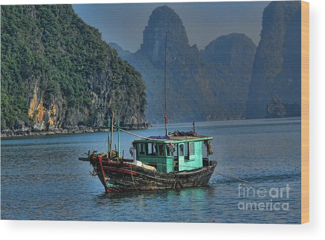 Fishing Trolly Boat Ha Long Bay Vietnam Wood Print by Chuck Kuhn