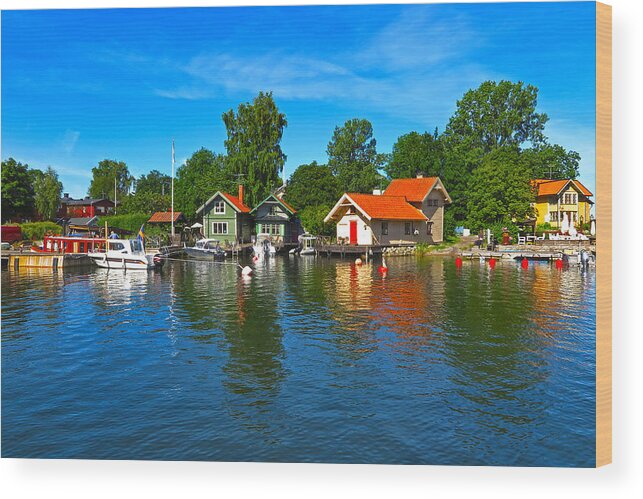 Vaxholm Wood Print featuring the photograph Fishing Village of Vaxholm Sweden by Greg Matchick