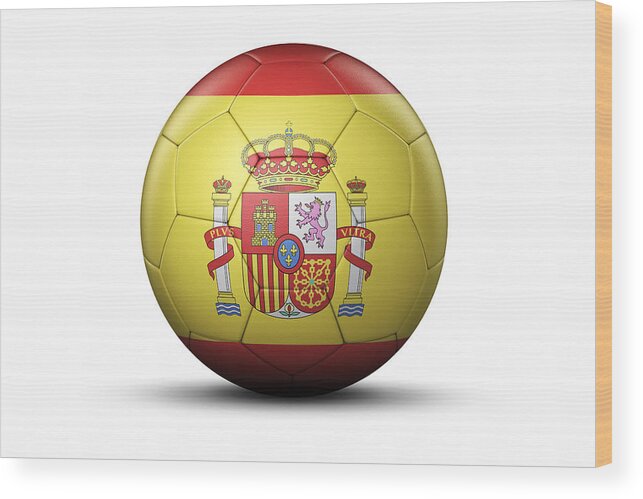 Horizontal Wood Print featuring the digital art Flag Of Spain On Soccer Ball by Bjorn Holland