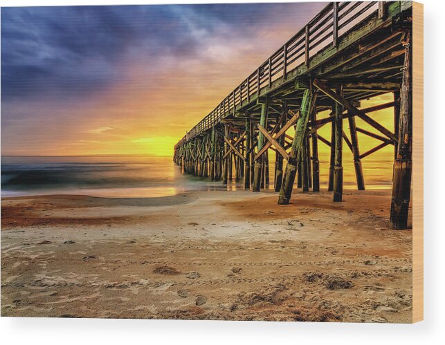 Hdr Wood Print featuring the photograph Flagler Beach Pier at Sunrise in HDR by Michael White