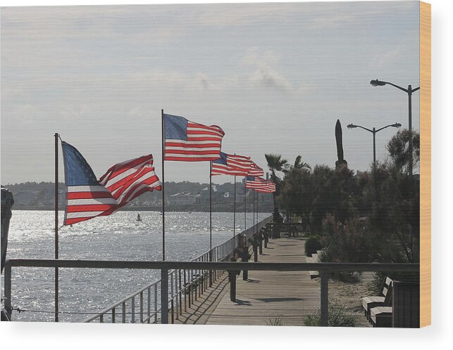 Red Wood Print featuring the photograph Flags On The Inlet Boardwalk by Robert Banach