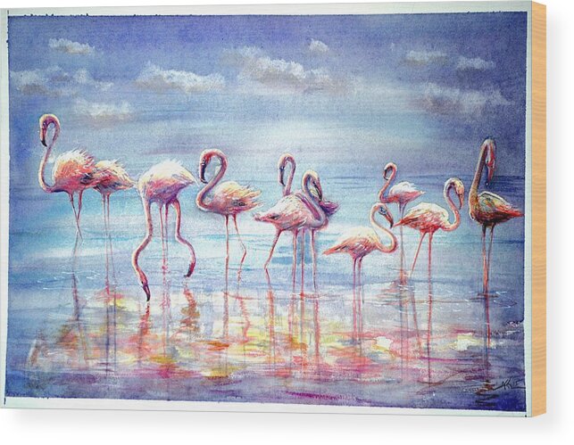 Birds Wood Print featuring the painting Flamingo's paradise by Katerina Kovatcheva