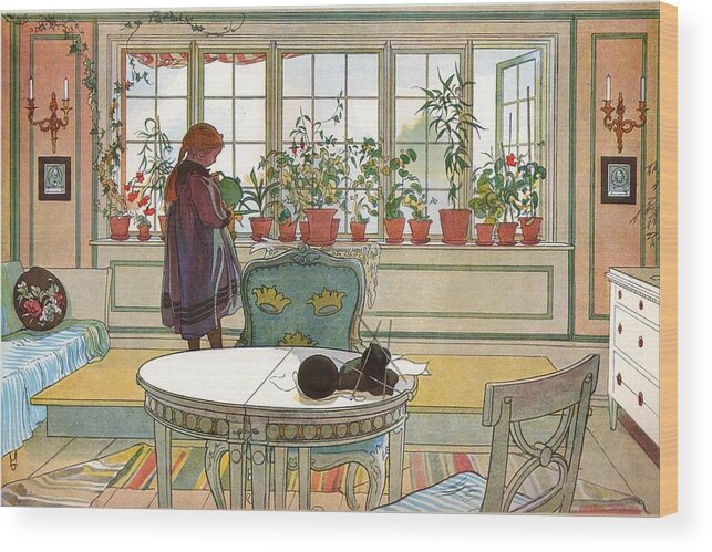 Carl Larsson Wood Print featuring the painting Flowers on the Windowsill by MotionAge Designs