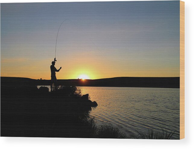 Fly Wood Print featuring the photograph Fly Casting at Sunset - 0599 by Jon Friesen