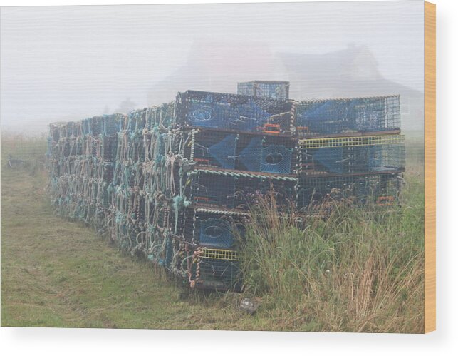 Fog Wood Print featuring the painting Fog and Lobster Traps by Imagery-at- Work