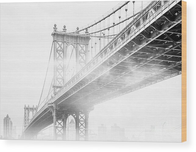 Manhattan Bridge Wood Print featuring the photograph Fog Under The Manhattan BW by Az Jackson