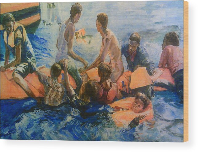 Refugees. Sea Wood Print featuring the painting Forgotten But Not Gone by Rosanne Gartner