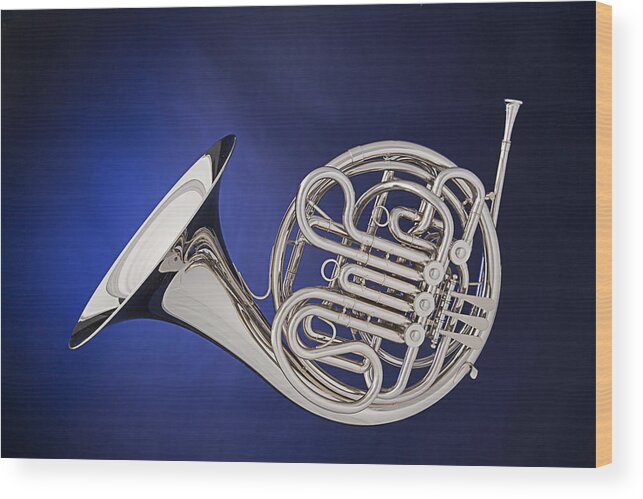 French Horn Wood Print featuring the photograph French Horn Silver Isolated On Blue by M K Miller