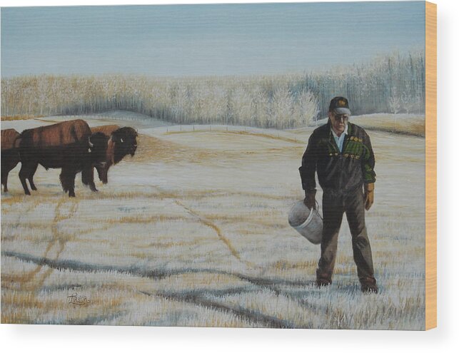 Buffalo Wood Print featuring the painting Frosty Feeding by Tammy Taylor