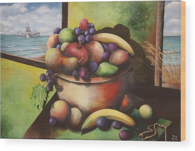 Bowl Filled With Fruit Wood Print featuring the painting Fruit On The Beach by Virginia Bond