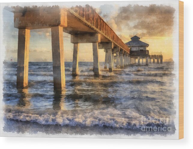 Watercolor Wood Print featuring the painting Ft. Myers Fishing Pier Watercolor by Edward Fielding