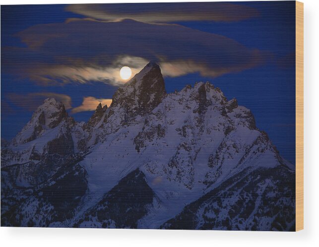 Full Moon Sets Over The Grand Teton Wood Print featuring the photograph Full Moon Sets Over the Grand Teton by Raymond Salani III