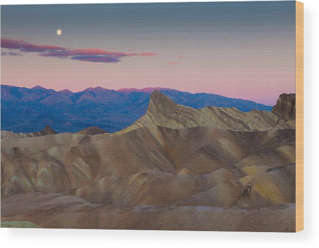 Zabriskie Point Full Moon Death Valley California Landscape Dawn Morning Moonset Moon Setting Panamint Mountains Mountain Range Usa America American National Park Parks Colorful Colors Landscapes Wood Print featuring the photograph Full moon setting at Zabriskie point death Valley by Duncan Selby