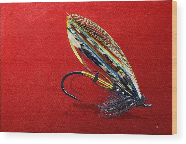 Fishing Corner Collection By Serge Averbukh Wood Print featuring the photograph Fully Dressed Salmon Fly on Red by Serge Averbukh