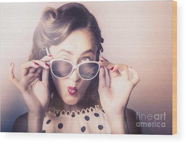 Sunglasses Wood Print featuring the photograph Fun comical retro fashion portrait. Pin-up pout by Jorgo Photography