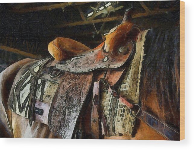 Funky Western Saddle Brown Horse Wood Print featuring the photograph Funky Western Saddle Brown Horse by Studio Artist