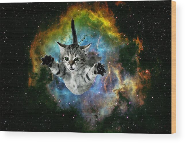 Cosmic Cat Wood Print featuring the digital art Galaxy Cat Universe Kitten Launch                         by Johnnie Art
