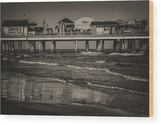 Pleasure Pier Wood Print featuring the photograph Galveston Pleasure Pier - Black and White by Kathy Adams Clark