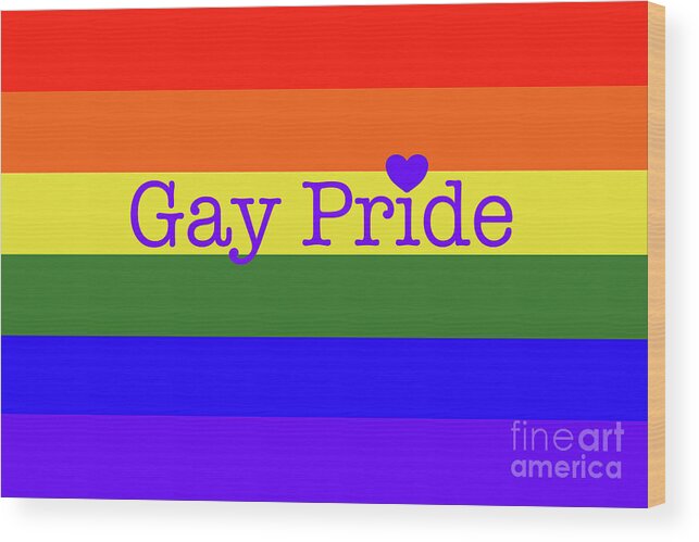 Lgbt Wood Print featuring the digital art LGBT Gay Pride Flag with Text and Heart by Barefoot Bodeez Art