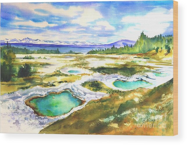 Nature Wood Print featuring the painting Geyser Basin, Yellowstone by Betty M M Wong