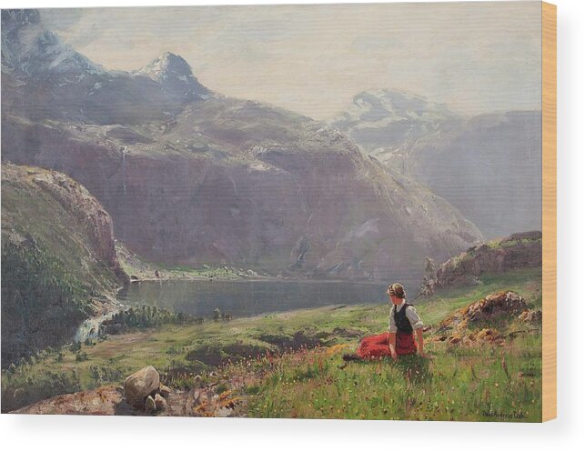 Hans Andreas Dahl Wood Print featuring the painting Girl in the fjords by Hans Andreas Dahl