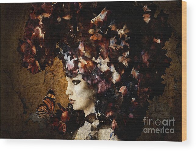  Flowers Wood Print featuring the digital art Girl with flower hat by Dimitar Hristov