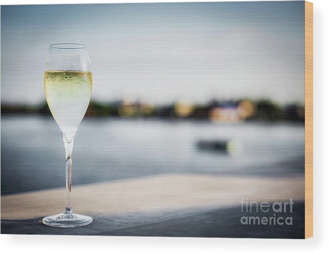 Alcohol Wood Print featuring the photograph Glass Of Champagne At Modern Outdoor Bar At Sunset by JM Travel Photography