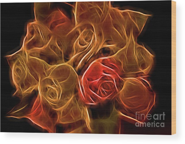 Flowers Wood Print featuring the digital art Glowing Golden Rose Bouquet by Linda Phelps