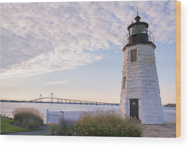 Lighthouse Wood Print featuring the photograph Goat Island lighthouse and bridge by Marianne Campolongo