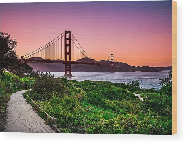 Golden Wood Print featuring the photograph Golden Gate Bridge San Francisco California At Sunset by Alex Grichenko
